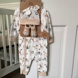 Baby Essentials Cream Animal Print Footie Set (Coverall, Socks and Hat) - 9M